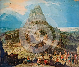 The building of the tower of Babel in Shinar Babylonia, painting by Hendrick van Cleve photo